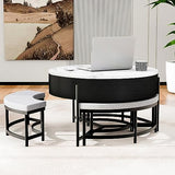 Linique Modern Round Lift-Top Coffee Table with Concealed Storage and 3 Ottomans, White + Black