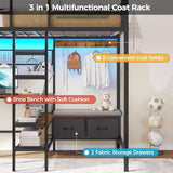 DICTAC Twin Metal Loft Bed with L-Shaped Desk, Storage Shelves, Charging Station and LED Lights, Featuring Coat Rack, Drawers, Staircase and Safety Guardrail, Black