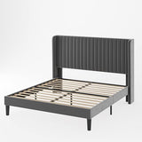 Allewie Queen Velvet Platform Bed with Vertical Channel-Tufted Wingback Headboard, Strong Wooden Slats, No Box Spring Required, Easy Assembly, Black