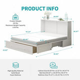 BALUS Queen Murphy Bed Cabinet in Grey-Blue with Tri-Fold Mattress, USB Charging Station, Folding Nightstand Trays, and Storage Drawers