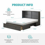 BALUS Queen Murphy Bed Cabinet in Grey-Blue with Tri-Fold Mattress, USB Charging Station, Folding Nightstand Trays, and Storage Drawers