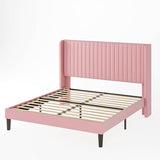 Allewie Queen Velvet Platform Bed with Vertical Channel-Tufted Wingback Headboard, Strong Wooden Slats, No Box Spring Required, Easy Assembly, Black