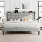 Dark Gray Queen Upholstered Platform Bed with Modern Wingback Storage Headboard, Charging Station and Solid Wood Slats, No Box Spring Required