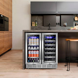 Tittla 30-Inch Dual-Zone Wine and Beverage Refrigerator for 33 Bottles and 80 Cans, Under-Counter or Freestanding Wine Cooler
