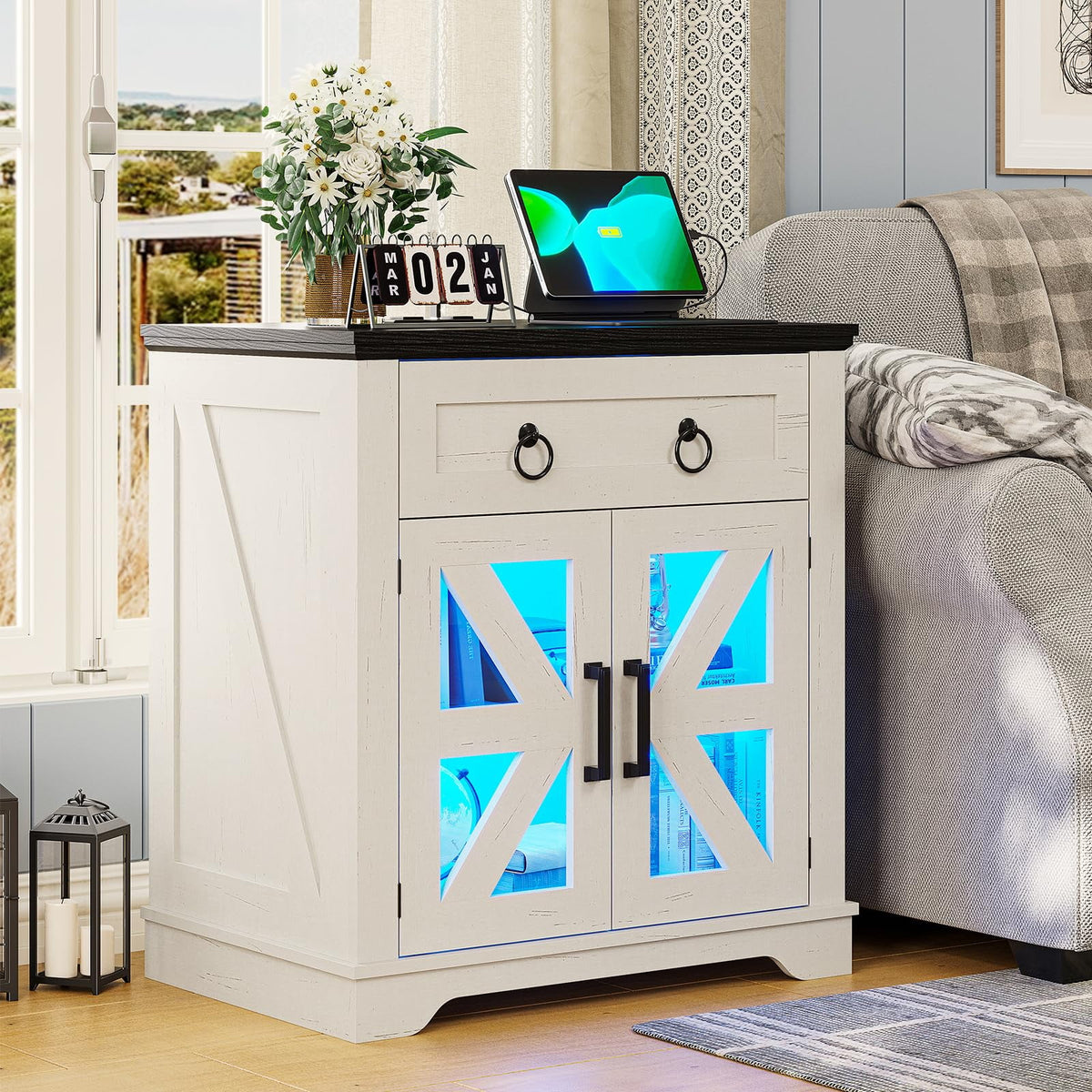 White Farmhouse End Table and Nightstand with Charging Station and LED Lights for Living Room or Bedroom