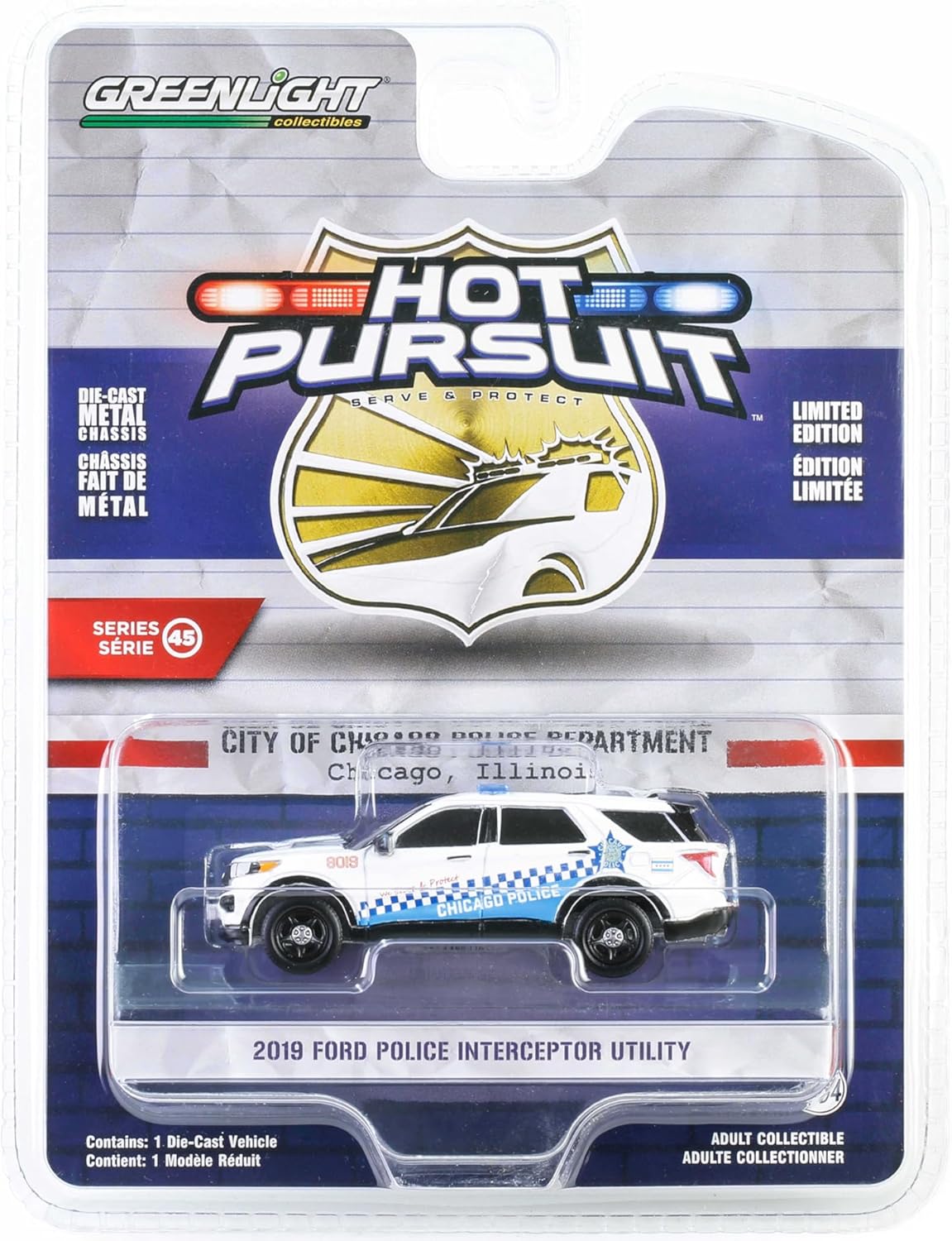 Greenlight 43030D 1/64 Diecast Model Car, 2019 Police Interceptor Utility, Chicago Police Department, White with Blue Graphics, Hot Pursuit Series