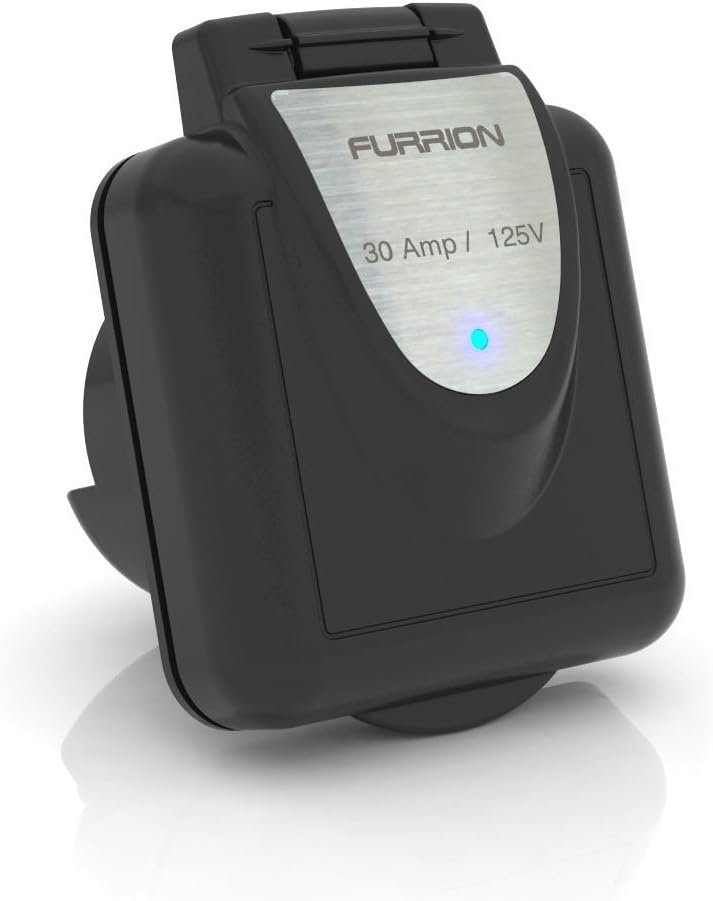 Furrion F30INS-BS-AM 30 Amp RV Inlet with Black Square Housing, Stainless Steel Plate and Power Smart LED