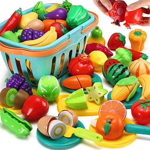 70-Piece Pretend Play Food Set for Kids, Featuring Plastic Fruits, Vegetables, Mini Dishes, Knife, and Shopping Storage Basket