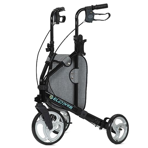 ELENKER Compact 3-Wheel Rollator Walker with 10?? Wheels, Narrow Folding Design for Small Spaces, Travel Mobility Aid for Seniors, Blue