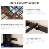DICTAC Twin Metal Loft Bed with L-Shaped Desk, Storage Shelves, Charging Station and LED Lights, Featuring Coat Rack, Drawers, Staircase and Safety Guardrail, Black