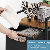 Black Laundry Hamper Basket with Removable Bag and Built-In Brown Wood Shelf