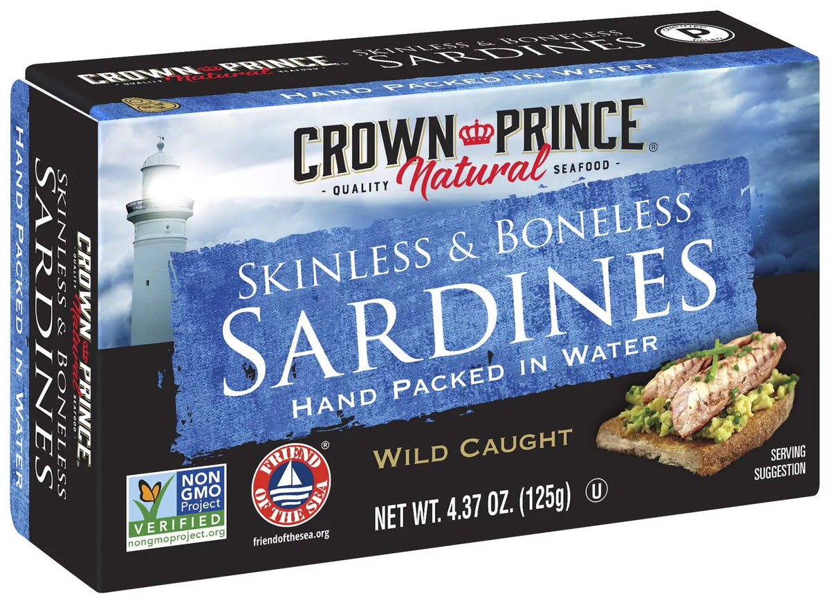 Crown Prince Natural Skinless and Boneless Sardines in Water, 4.37-Ounce Cans, Pack of 12