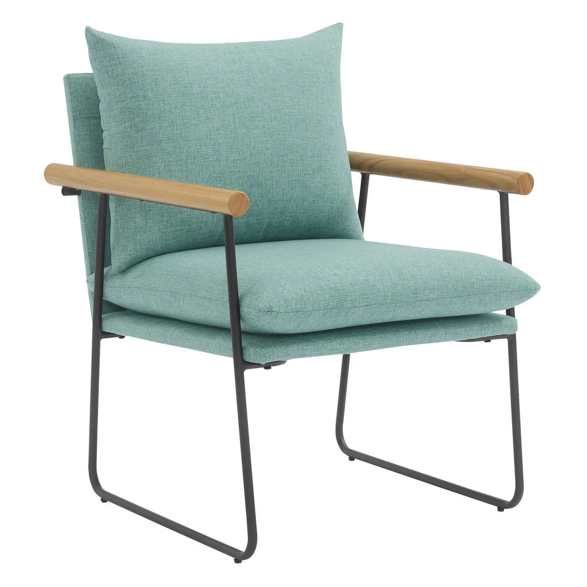 Dutton Armchair with Sage Green Fabric, Natural Wood Arms and Black Sled Base