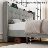 Dark Gray Queen Upholstered Platform Bed with Modern Wingback Storage Headboard, Charging Station and Solid Wood Slats, No Box Spring Required