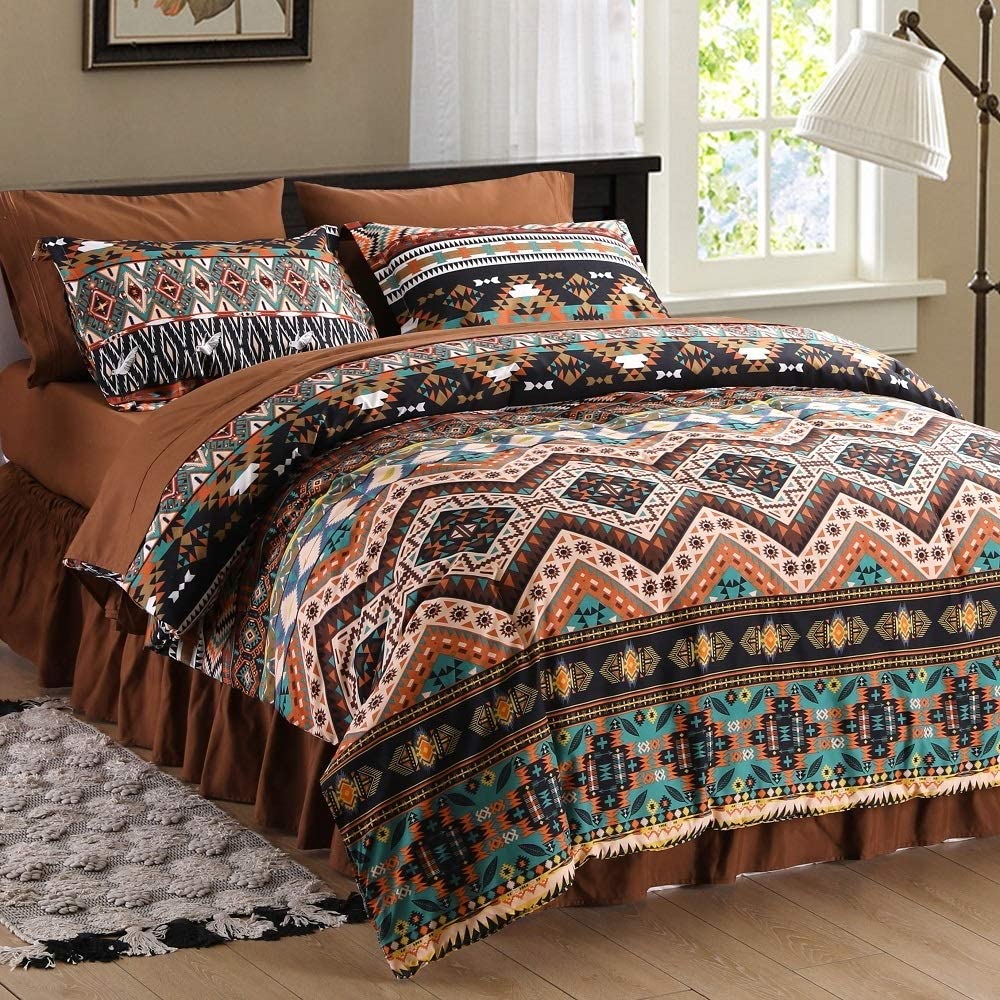 Bohemian Tribal Southwestern Queen Comforter Set with Deep-Pocket Bedding and Bed Skirt, 8-Piece Set Including Down Comforter, 4 Pillow Cases, Flat Sheet, Fitted Sheet and Bed Skirt