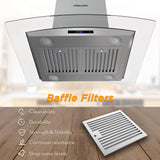 FIREGAS 36-Inch Island Range Hood with 450 CFM Ventilation, Chimney, Tempered Glass, 4 LED Lights, 3-Speed Touch Control, Permanent and Charcoal Filters