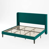 Allewie Queen Velvet Platform Bed with Vertical Channel-Tufted Wingback Headboard, Strong Wooden Slats, No Box Spring Required, Easy Assembly, Black
