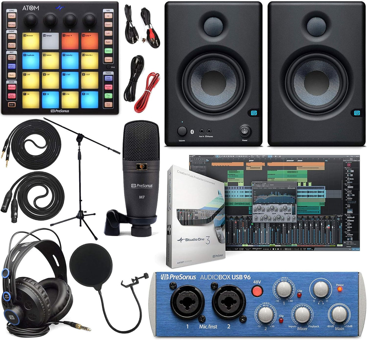 PreSonus AudioBox 96 Full Studio Bundle with Studio One Artist Software, ATOM MIDI Production Pad Controller and Eris 4.5 BT Bluetooth Monitor Pair