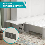 BALUS Queen Murphy Bed Cabinet in Grey-Blue with Tri-Fold Mattress, USB Charging Station, Folding Nightstand Trays, and Storage Drawers