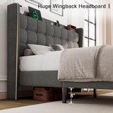 Dark Gray Queen Upholstered Platform Bed with Modern Wingback Storage Headboard, Charging Station and Solid Wood Slats, No Box Spring Required