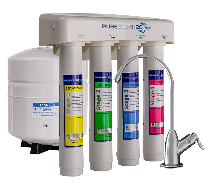 Pure Blue H2O Certified Reverse Osmosis Water Filter System with 4-Stage Filtration and 50 GPD Capacity